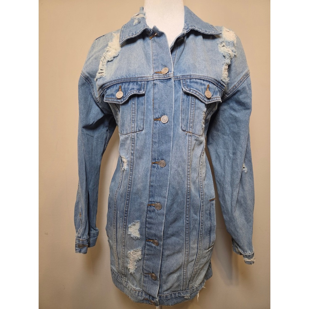 Insane Gene Light Wash Distressed Her Voice Rose Graphic Long Denim Jacket S